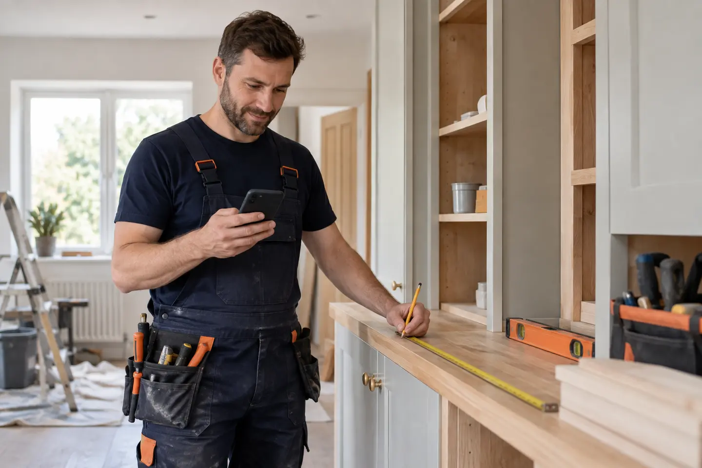 Carpenter checking measurements and reviewing a job schedule on a smartphone