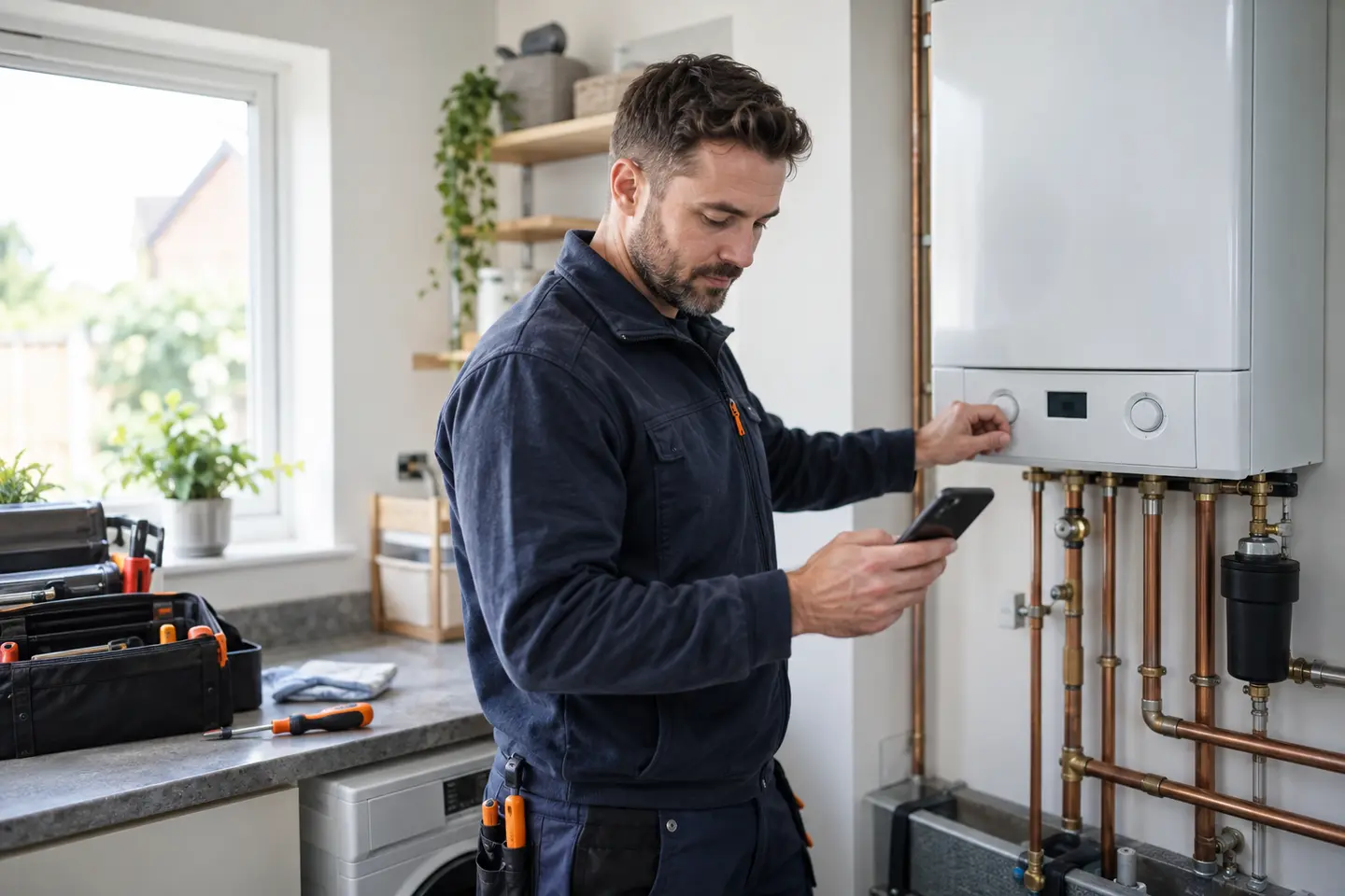Plumber checking a boiler installation while reviewing job details on a phone